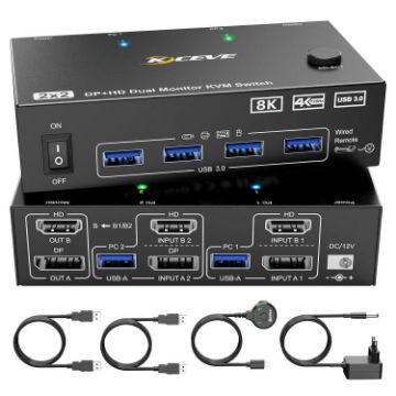 8K 60Hz HDMI DP USB3.0 Dual Monitor KVM Switch, US Plug - 1