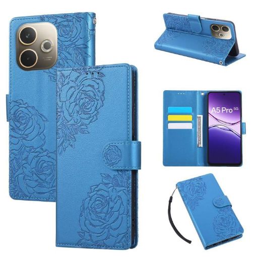 OPPO A5 Pro 5G Blue Leather Case with Rose Emboss & 3 Card Slots - 1
