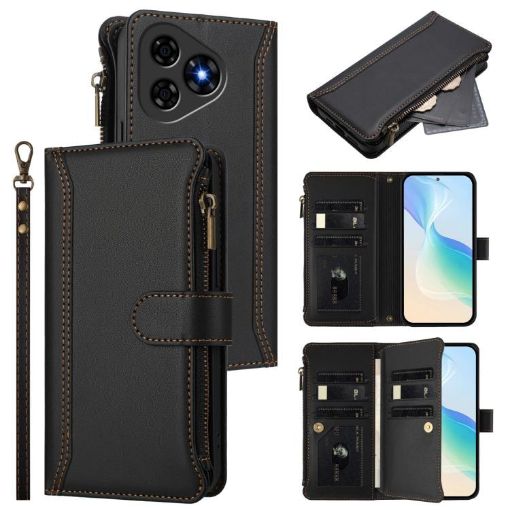Ulefone Note 19 Leather Case: 9 Card Slots, Zipper, Hand Strap, Black - 1