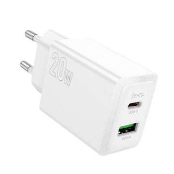 hoco N69 Dual Port Charger: PD20W + QC3.0, EU Plug, White - 1