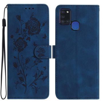 Samsung Galaxy A21S Dark Blue Rose Embossed Leather Case - 1