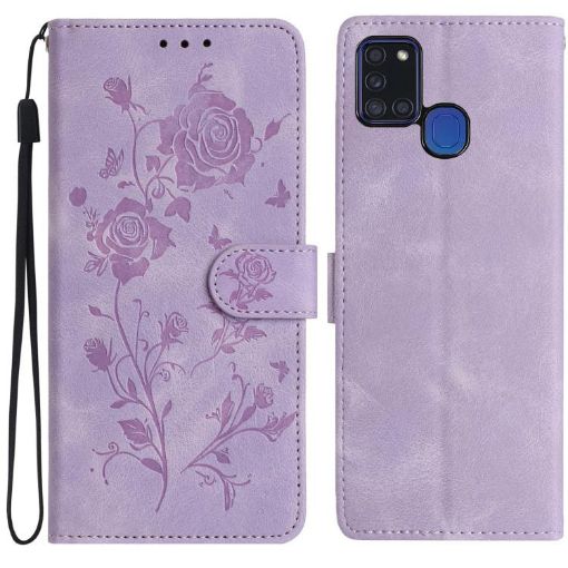 Samsung Galaxy A21S Rose Embossed Leather Case Light Purple - 1
