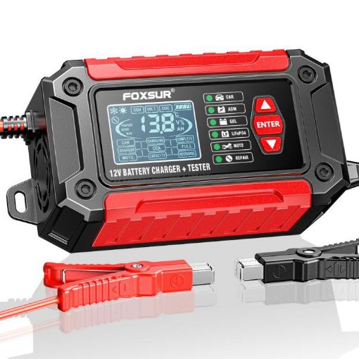 FOXSUR FTC-1206 12V Car/Motorcycle Charger & Tester, EU Plug, Red - 1
