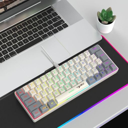 HXSJ V400 Wired RGB Backlit 63-Key Membrane Keyboard (Grey/Beige) - 1