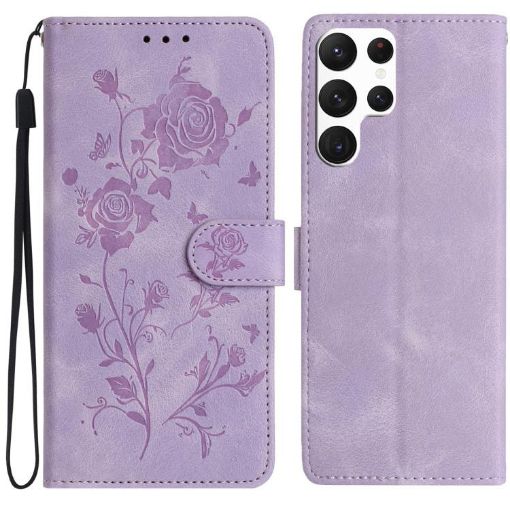 Samsung Galaxy S22 Ultra 5G Leather Case Rose Embossing Light Purple - 1