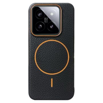 Xiaomi 14 Pro MagSafe Litchi Grain TPU Case (Black Orange) - 1