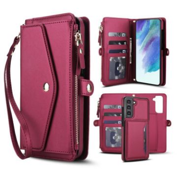 Samsung Galaxy S21 FE 5G Red Leather Wallet Phone Case with Lanyard - 1