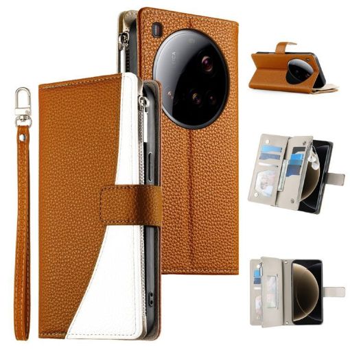 Xiaomi 15 Ultra Brown Leather Wallet Phone Case with Strap - 1