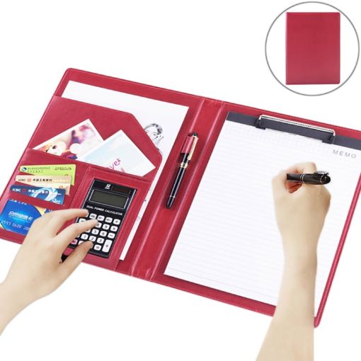 Red Leather Document Folder with A4 Notepad & Calculator - 1