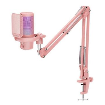 FEELWORLD VM1 Pink USB Gaming Microphone with RGB Light & Stand - 1