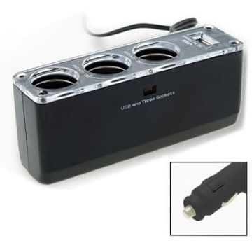 3 Triple Socket Car Cigarette Lighter USB Power 12V/24V (Black) - 1