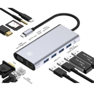 JUNSUNMAY 11-in-1 Type-C Hub: 4K HDMI, VGA, RJ45, PD Quick Charge - 1