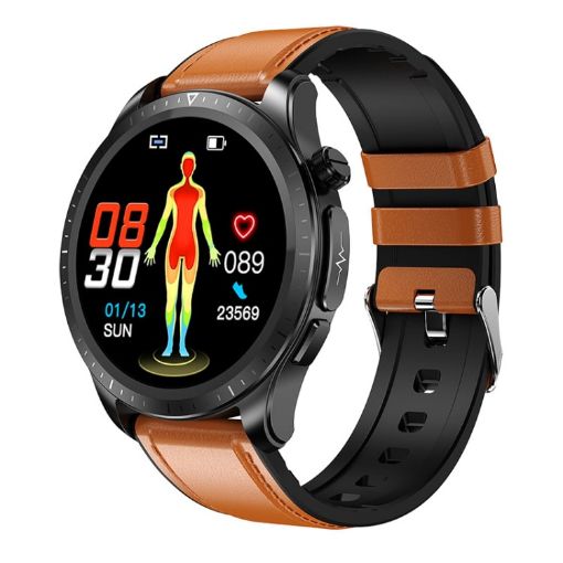 E420 1.39" Smart Watch, Leather Strap, Heart/BP Monitoring (Brown) - 1