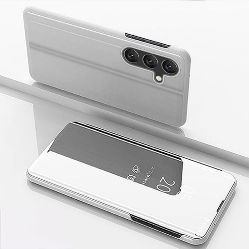 Samsung Galaxy A15 Silver Mirror Flip Leather Case with Holder - 1