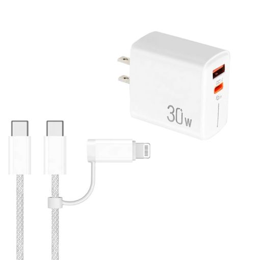 PD31 30W USB-C/USB-A Charger + 2-in-1 Cable, US Plug (White) - 1
