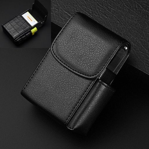 Lychee Pattern Black PU Leather Cigarette & Lighter Business Card Case - 1