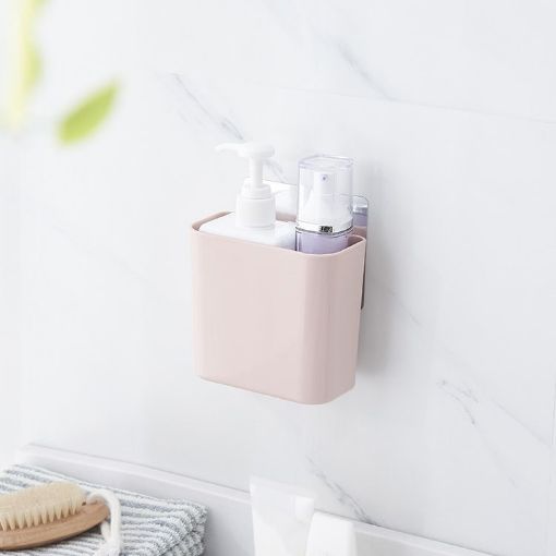 Pink Wall-mounted Bathroom Rack with Suction Cup Storage - 1