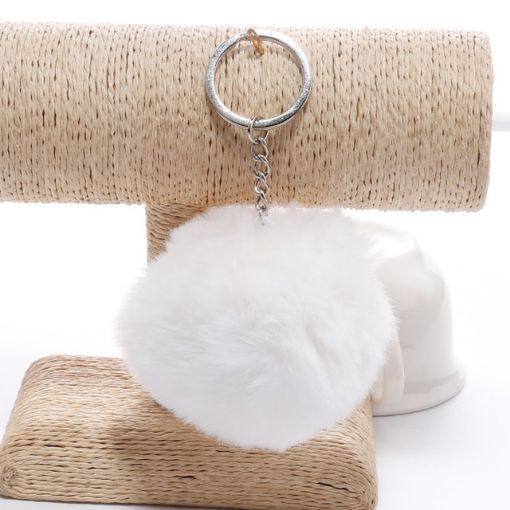 Creamy-White Fur Ball Pompon Keychain for Car Bag Key Rings - 1