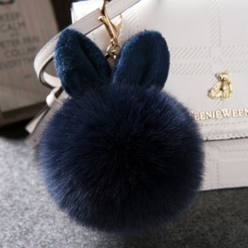 Dark Blue Fake Rabbit Fur Pom Keychain Ball - 1