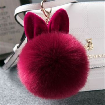 Wine Red Fake Rabbit Fur Pom Pom Ball Keychain - 1
