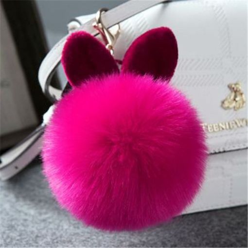 Magenta Fake Rabbit Fur Pom Ball Keychain - 1