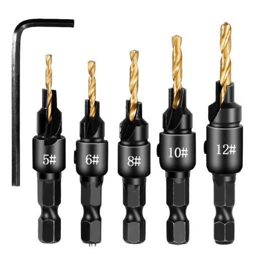 5 PCS Gold Countersink Woodworking Drill Bit Set Hex Screw Tool - 1