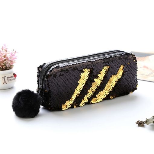 Reversible Sequin Pencil Case - Black+Gold, Super Big, Girls Gift - 1