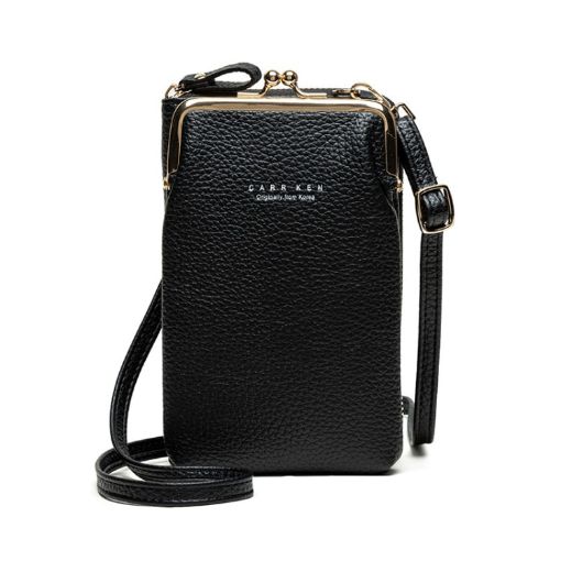 Ladies Black Pebbled Zipper Wallet & Mobile Phone Shoulder Bag H2107 - 1