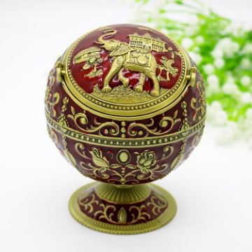 Wine Red Elephant Metal Globe Ashtray with Lid - Holiday Gift Decor - 1
