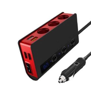 TR24 Car Cigarette Lighter 3 In 1 Charger with Switch (Black Red) - 1