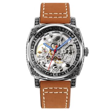 SKMEI 9271 Waterproof Mechanical Watch, Brown Leather Strap - 1