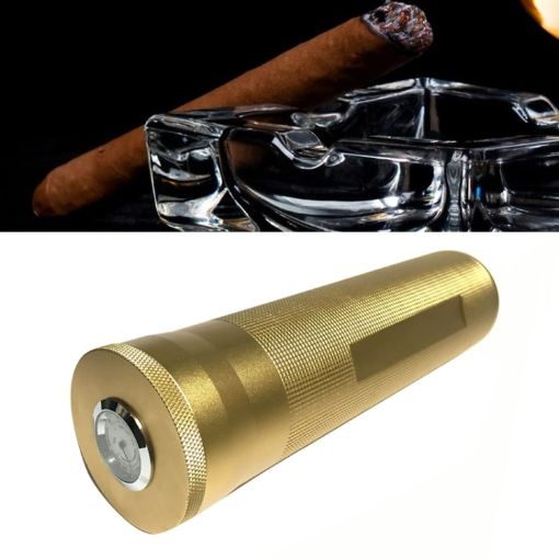 Gold Metal Cigar Humidor Tube with Humidity Display - 1