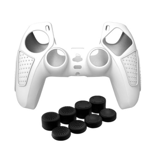 PS5 Gamepad White Silicone Case + 8 Hats, Anti-Skid Cover - 1