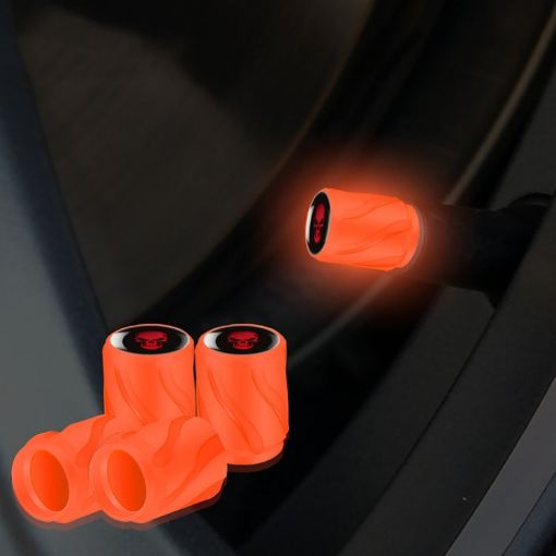 4pcs Luminous Car Motorcycle Tire Valve Cap, Orange Red Skull - 1