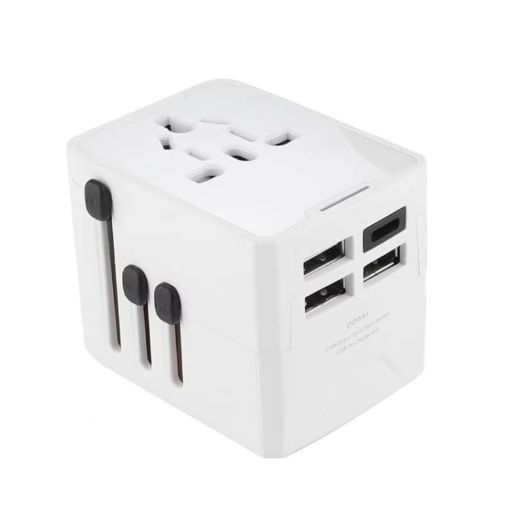Universal Travel Adapter: 3 USB & 1 USB-C Charging Block (White) - 1