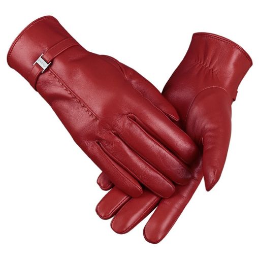 OZERO Sheepskin Womens Red Gloves, Fleece Lined, Size M - 1