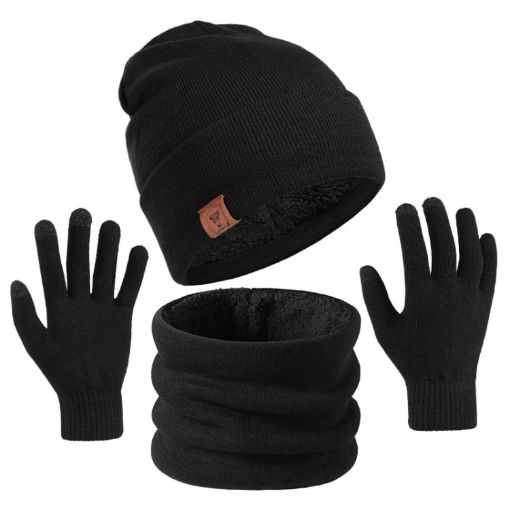 OZERO Black 3-In-1 Wool Set: Hat, Scarf & Gloves for Men & Women - 1