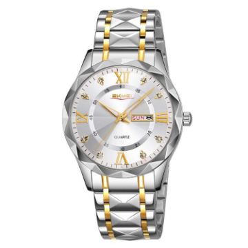 SKMEI Men's Quartz Watch, Diamond Case, Silver Gold Strap, Waterproof - 1