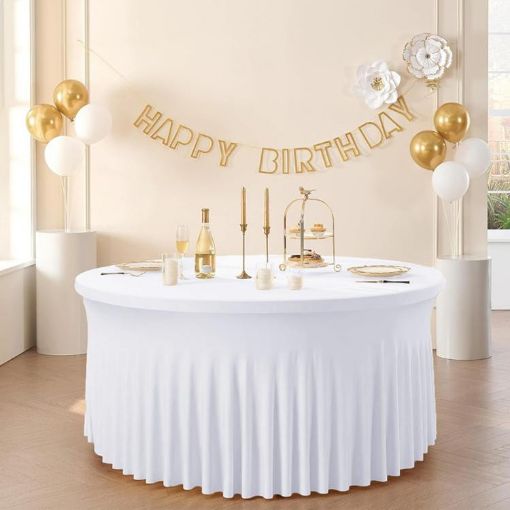 White 5FT Round Polyester Elastic Tablecloth Cover Skirt - 1