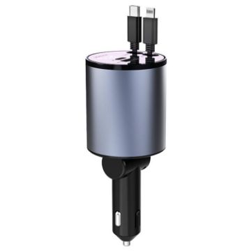 100W Metal Retractable Car Charger: 8 Pin + Type-C Cigarette Lighter - 1