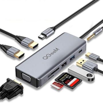 QGeeM 9-in-1 USB-C Docking Station: VGA, 2 HDMI, PD 87W, USB, SD Slots - 1