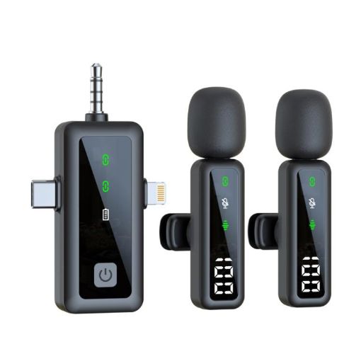 H68 3 In 1 Dual Mic Wireless Mobile Phone Lapel Microphone - 1
