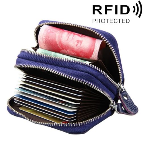 Genuine Leather RFID Blocking Card Holder Wallet, Dark Blue, 10.5x7x4cm - 1
