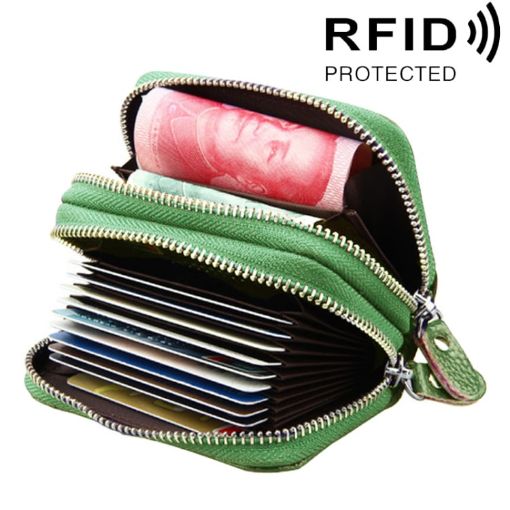 Genuine Leather RFID Blocking Zipper Card Holder Wallet, Green, 10.5x7x4cm - 1