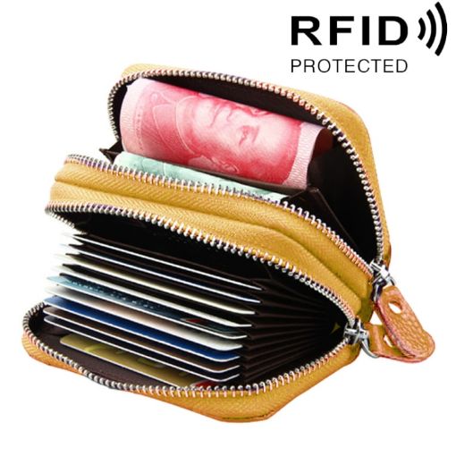 Yellow Genuine Leather RFID Blocking Card Holder Wallet, Dual Zipper, 10.5x7x4cm - 1