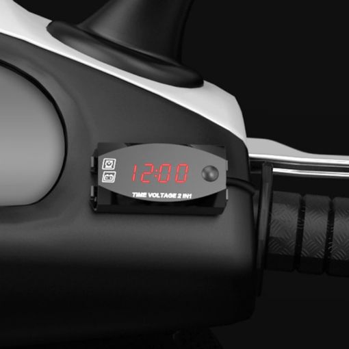2 in 1 Motorcycle Voltmeter & Clock, Digital Display, 6-30V, IP67, Red Light - 1