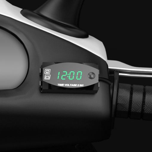 2 in 1 Motorcycle Voltmeter + Clock, Digital Display, 6-30V, IP67, Green - 1