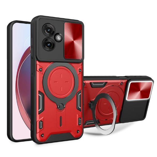 Moto G55 Red CD Texture Camshield Case with Magnetic Holder - 1