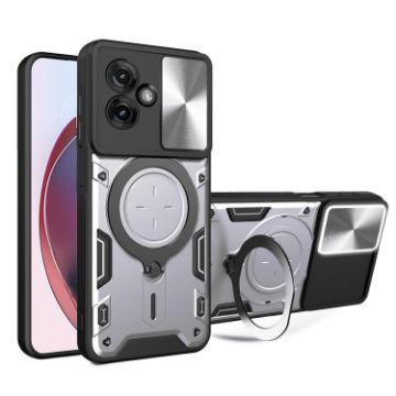 Moto G55 CD Texture Camshield Magnetic Holder Case - Silver - 1
