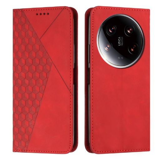 Xiaomi 14 Ultra Red Magnetic Leather Phone Case - Diamond Splicing Skin Feel - 1